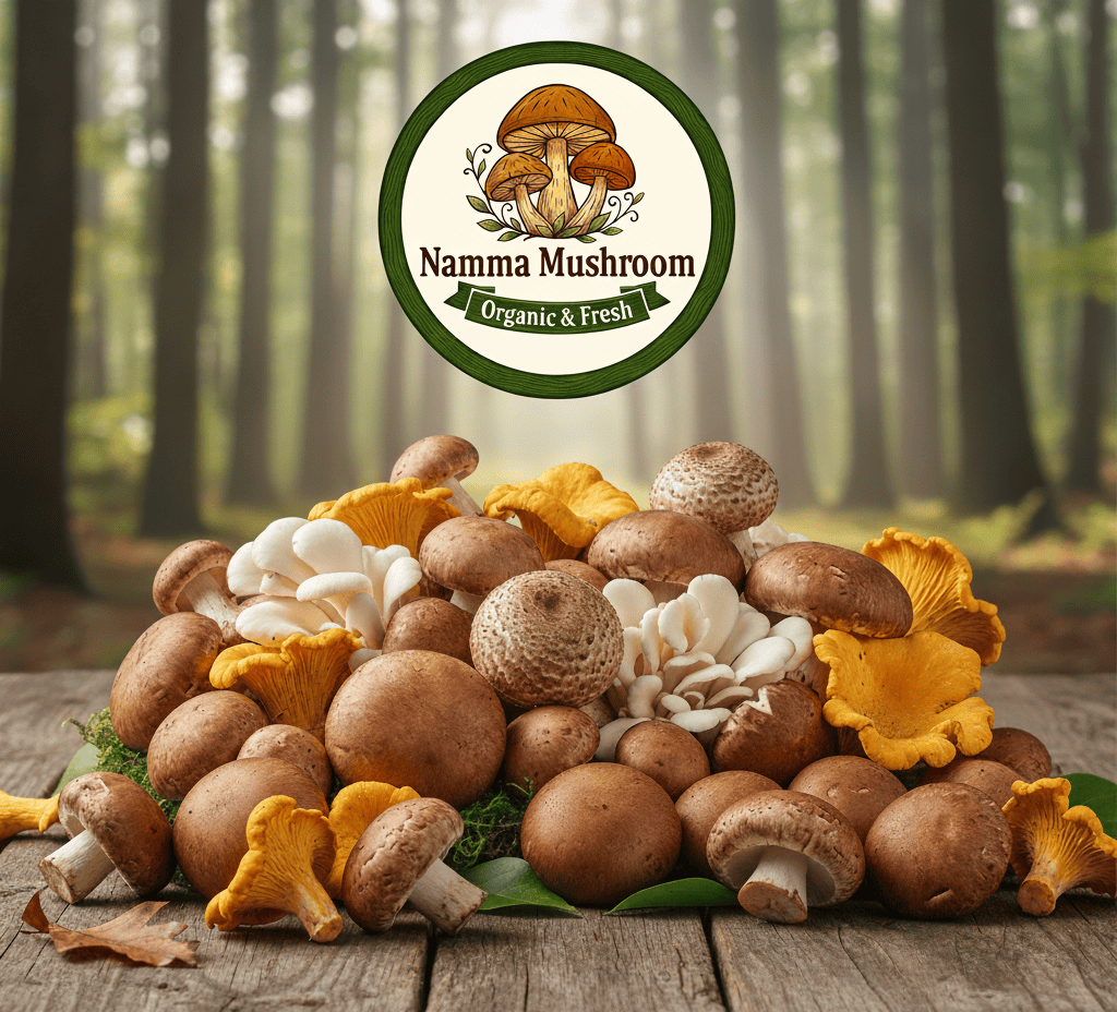 Fresh assorted mushrooms on a rustic table — Namma Mushroom, Bengaluru