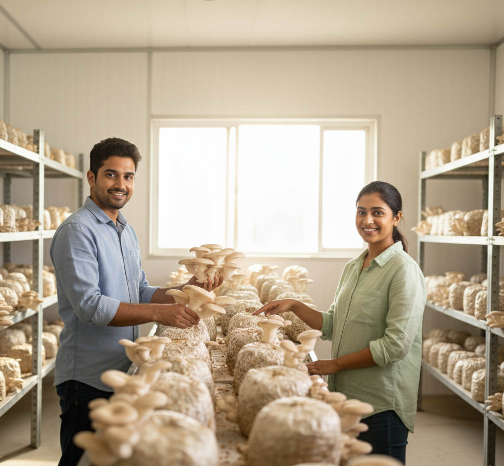 Namma Mushroom team at Bengaluru farm harvesting fresh oyster mushrooms from substrate blocks